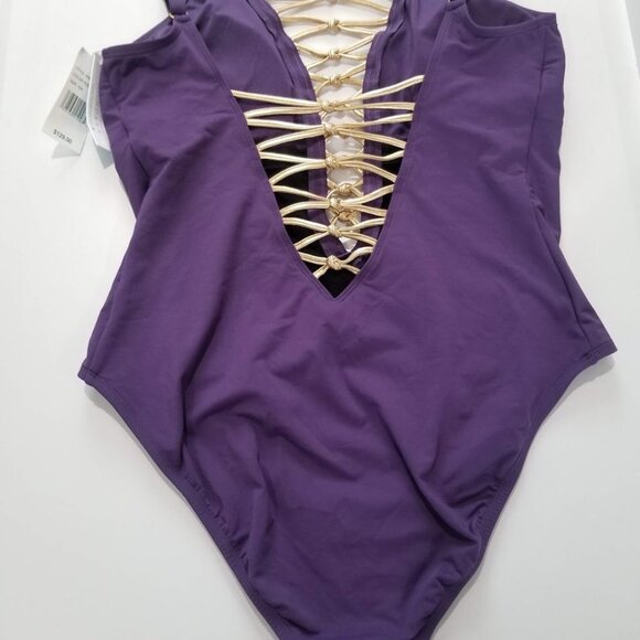 Bleu by Rod Beattie Kore One Piece High Neck Lace Down Swimsuit Purple Size 16W - Picture 9 of 13